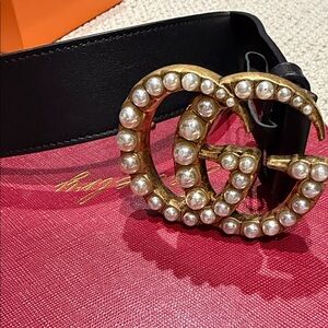 Gucci Black Belt with Gold Pearl-Embellished Buckle